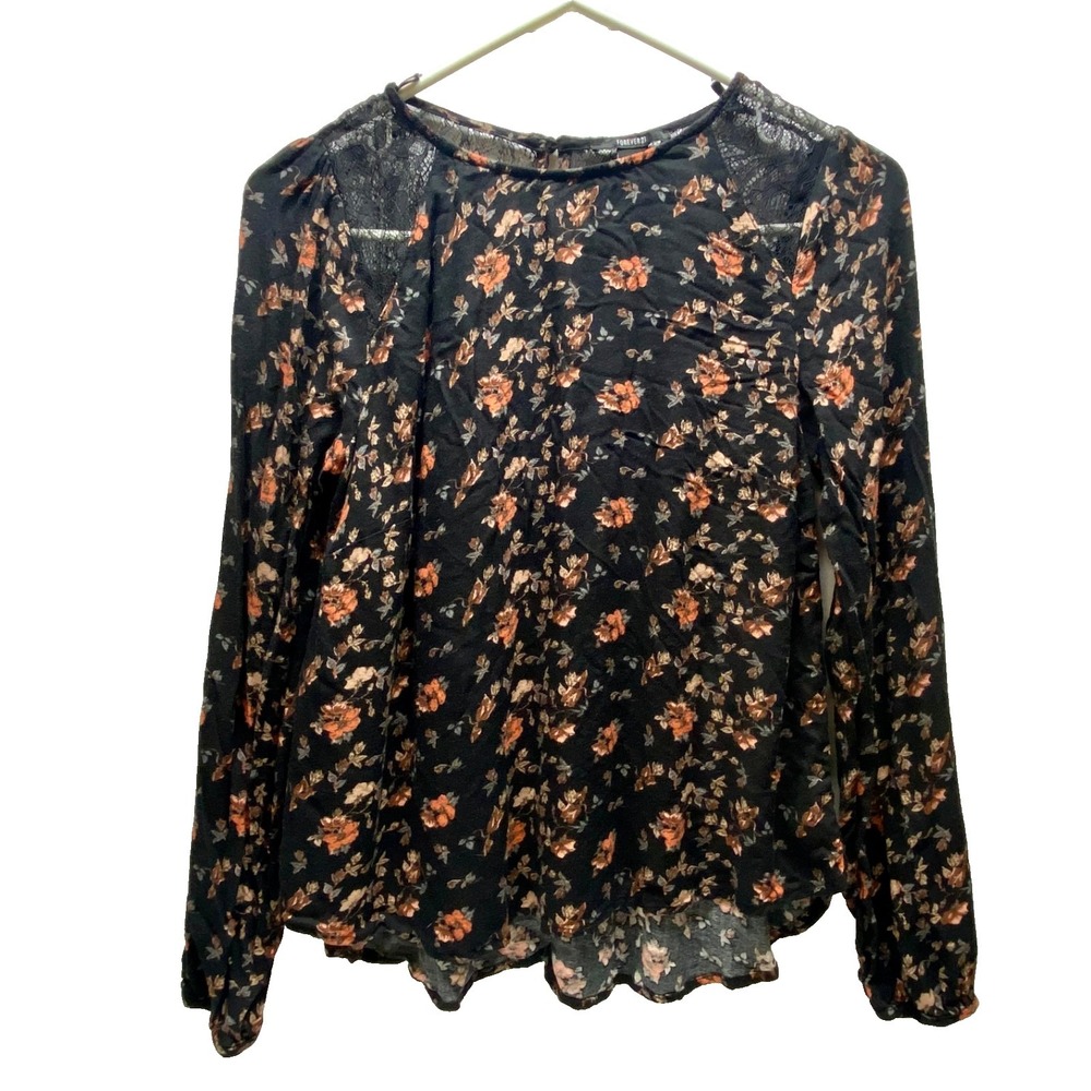 Forever 21 Blouse Women's Small Black Lace Floral Long Sleeve Boho Top GUC Read